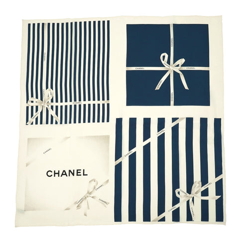 VINTAGE CHANEL LOGO RIBBON STRIPE PATTERN SCARF NAVY WHITE SILK 90340534