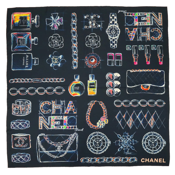 VINTAGE CHANEL LOGO SCARF COCOMARK FRINGE MULTICOLOR SILK 90350607