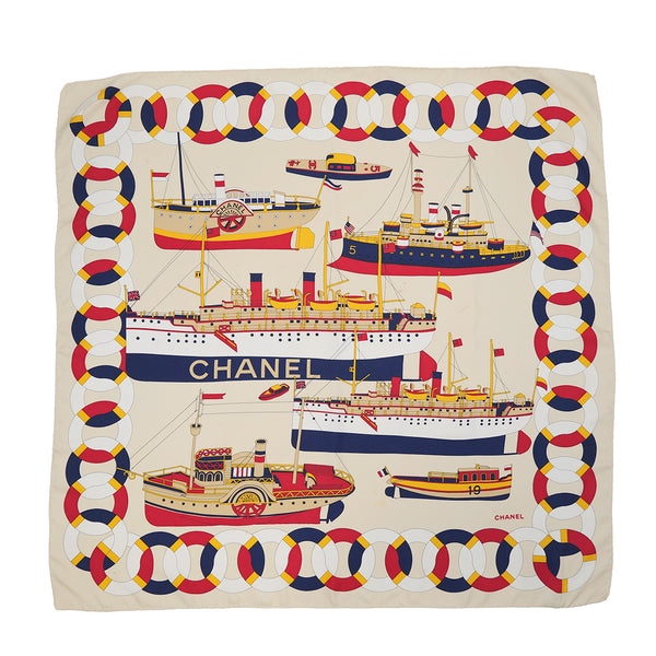 VINTAGE CHANEL LOGO SHIP PATTERN SCARF IVORY SILK 90325298