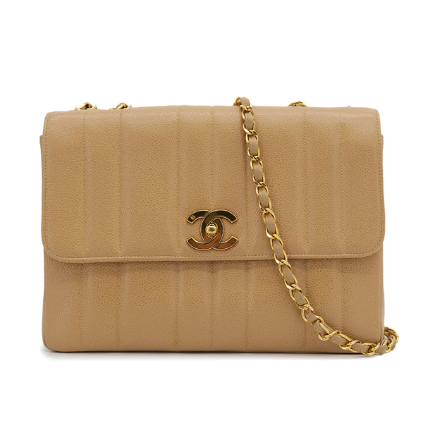 VINTAGE CHANEL MADEMOISELLE CHAIN SHOULDER BAG BEIGE CAVIAR SKIN GOLD HAEDWARE 90316995