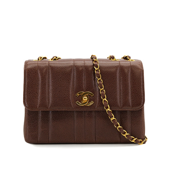 VINTAGE CHANEL MADEMOISELLE CHAIN SHOULDER BAG BROWN CAVIAR SKIN GOLD HARDWARE 90319988