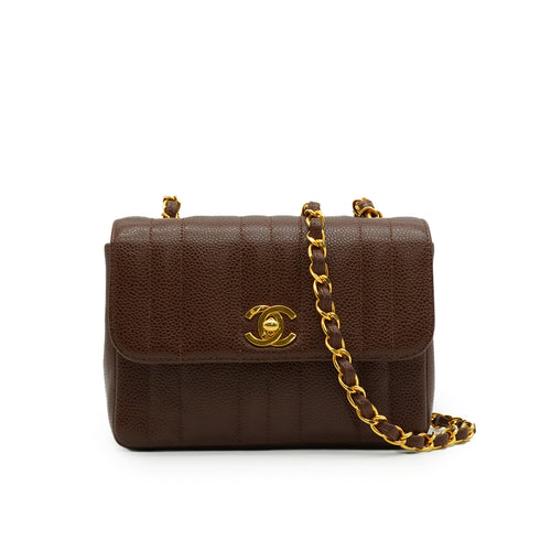 VINTAGE CHANEL MADEMOISELLE CHAIN SHOULDER BAG BROWN CAVIAR SKIN GOLD HARDWARE 90346662