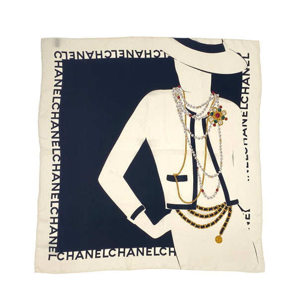 VINTAGE CHANEL MADEMOISELLE GRIPOIX PATTERN SCARF BLACK WHITE MULTICOLOR SILK 90321772