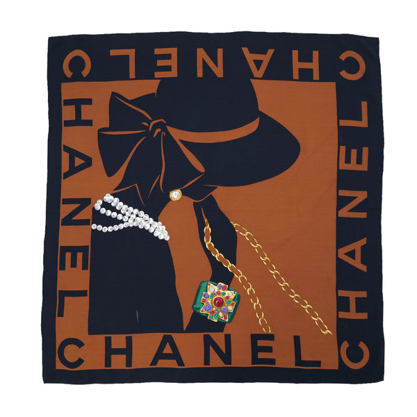 VINTAGE CHANEL MADEMOISELLE LOGO SCARF BLACK BROWN SILK 90324796