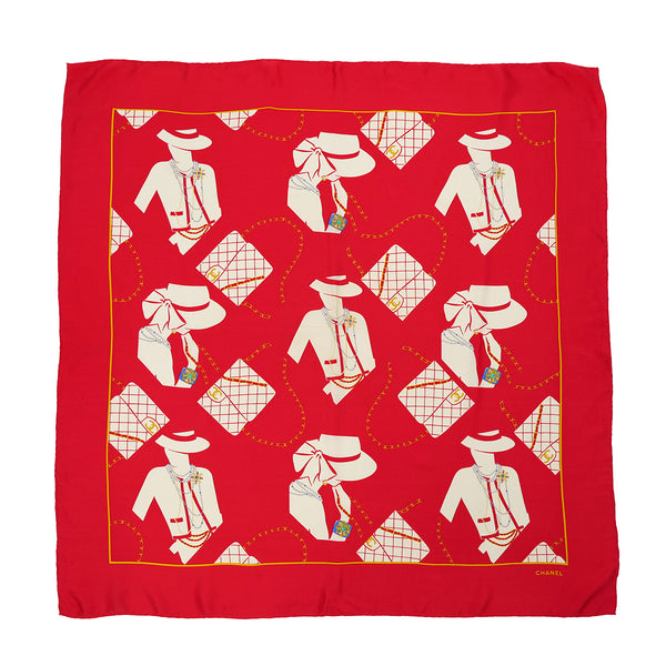 VINTAGE CHANEL MADEMOISELLE MATELASSE PATTERN SCARF RED SILK 90322143