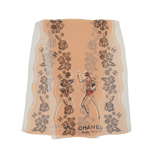 VINTAGE CHANEL MADEMOISELLE SCARF CAMELLIA COCOMARK PINK BEIGE SILK 90323491