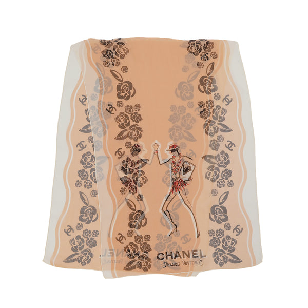VINTAGE CHANEL MADEMOISELLE SCARF CAMELLIA COCOMARK PINK BEIGE SILK 90323491