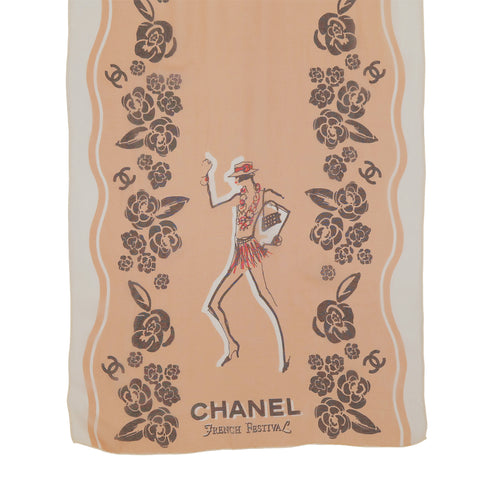 VINTAGE CHANEL MADEMOISELLE SCARF CAMELLIA COCOMARK PINK BEIGE SILK 90323491