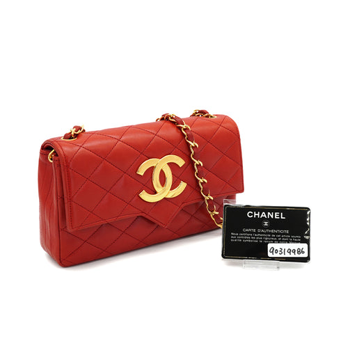 VINTAGE CHANEL MATELASSE BIG COCO CHAIN SHOULDER BAG RED LAMB SKIN GOLD HARDWARE 90319986