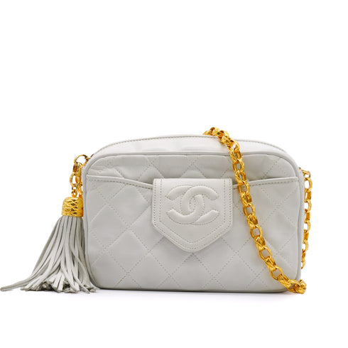 VINTAGE CHANEL MATELASSE BIJOU CHAIN SHOULDER BAG FRINGE WHITE LAMB SKIN GOLD HARDWARE 90342414