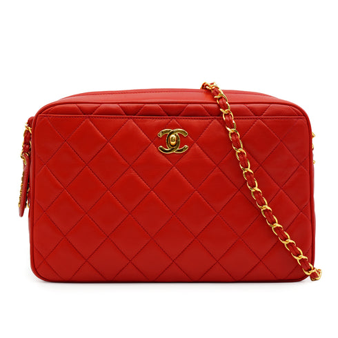 VINTAGE CHANEL MATELASSE CAMERA BAG RED LAMB SKIN GOLD HARDWARE 90338884