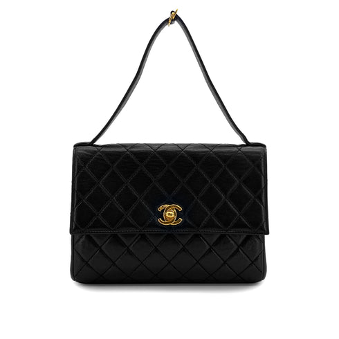 VINTAGE CHANEL MATELASSE CHAIN HAND BAG BLACK LAMB SKIN GOLD HARDWARE 90327067