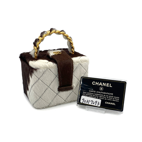 VINTAGE CHANEL MATELASSE CHAIN HAND MINI BAG BROWN WHITE UNBORN CALF GOLD HARDWARE 90317293