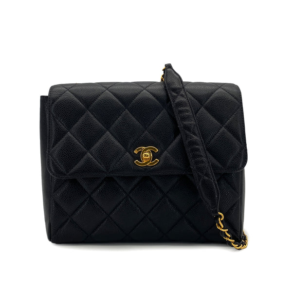 VINTAGE CHANEL MATELASSE CHAIN SHOULDER BAG BLACK CAVIAR SKIN GOLD HARDWARE 90324766