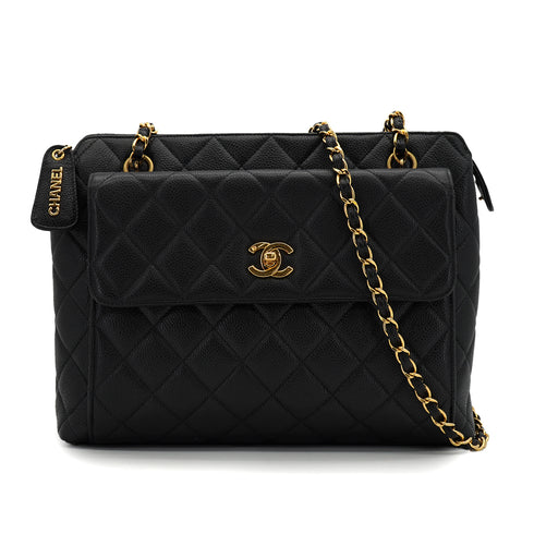 VINTAGE CHANEL MATELASSE CHAIN SHOULDER BAG BLACK CAVIAR SKIN GOLD HARDWARE 90330955