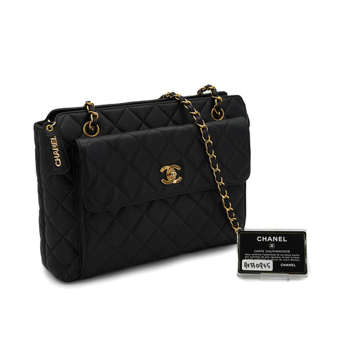VINTAGE CHANEL MATELASSE CHAIN SHOULDER BAG BLACK CAVIAR SKIN GOLD HARDWARE 90330955