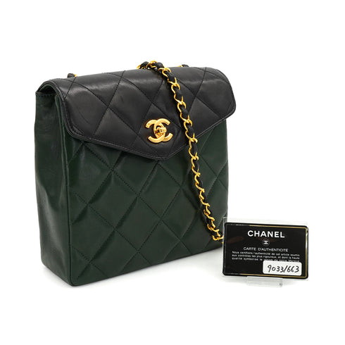 VINTAGE CHANEL MATELASSE CHAIN SHOULDER BAG BLACK GREEN LAMB SKIN GOLD HARDWARE 90331663