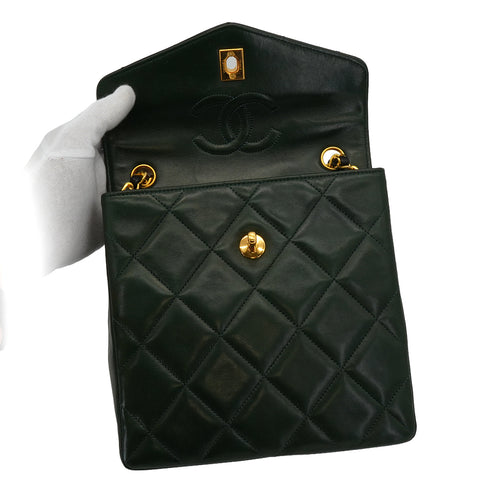 VINTAGE CHANEL MATELASSE CHAIN SHOULDER BAG BLACK GREEN LAMB SKIN GOLD HARDWARE 90331663