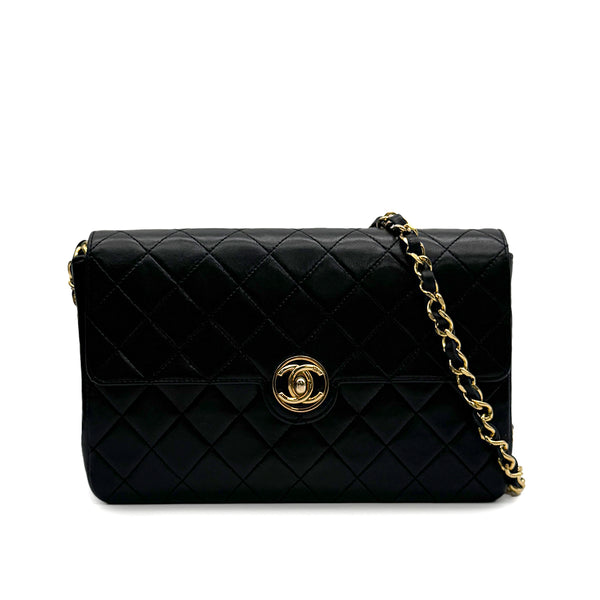 VINTAGE CHANEL MATELASSE CHAIN SHOULDER BAG BLACK LAMB SKIN GOLD HARDWARE 90316162