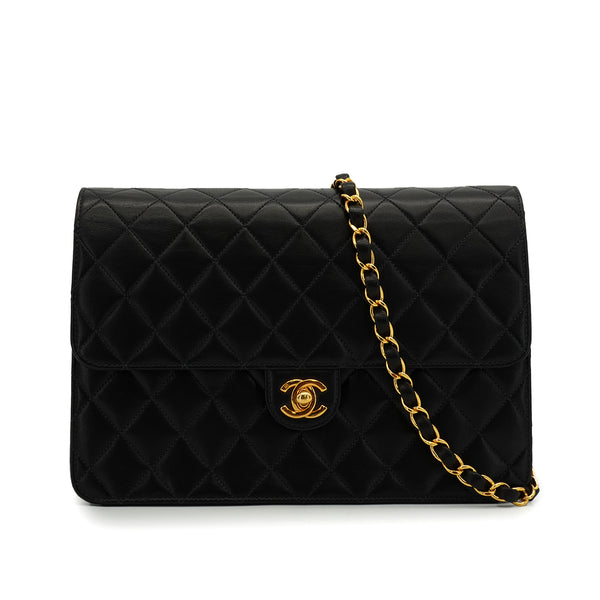 VINTAGE CHANEL MATELASSE CHAIN SHOULDER BAG BLACK LAMB SKIN GOLD HARDWARE 90343937