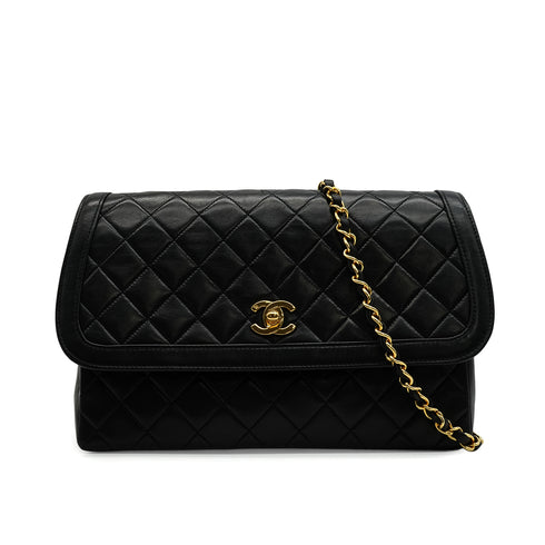 VINTAGE CHANEL MATELASSE CHAIN SHOULDER BAG BLACK LAMB SKIN GOLD HARDWARE 90344379