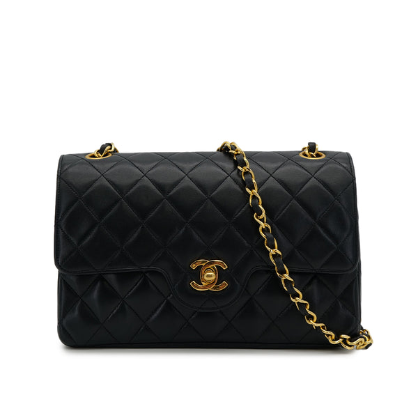 VINTAGE CHANEL MATELASSE CHAIN SHOULDER BAG BLACK LAMB SKIN GOLD HARDWARE 90319589
