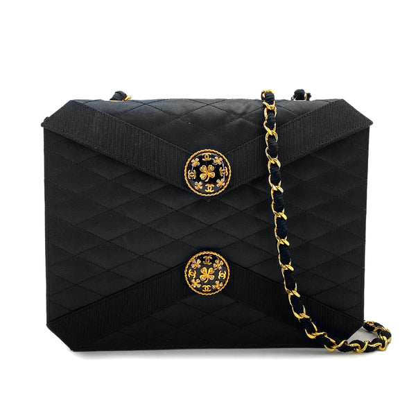 VINTAGE CHANEL MATELASSE CHAIN SHOULDER BAG BLACK SATIN GOLD HARDWARE 90327392