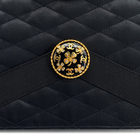 VINTAGE CHANEL MATELASSE CHAIN SHOULDER BAG BLACK SATIN GOLD HARDWARE 90327392