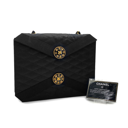 VINTAGE CHANEL MATELASSE CHAIN SHOULDER BAG BLACK SATIN GOLD HARDWARE 90327392