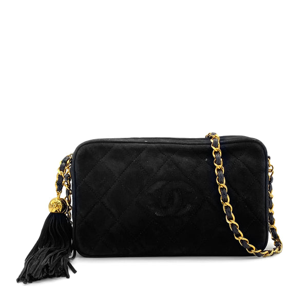VINTAGE CHANEL MATELASSE CHAIN SHOULDER BAG BLACK SUEDE FRINGE GOLD HARDWARE 90314323