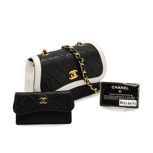 VINTAGE CHANEL MATELASSE CHAIN SHOULDER BAG BLACK WHITE LAMB SKIN GOLD HARDWARE 90326672