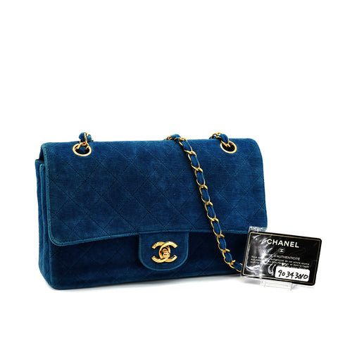 VINTAGE CHANEL SINGLE FLAP CHAIN SHOULDER MAGAZINE HOLDER BAG BLUE VELVET GOLD HARDWARE 90343010