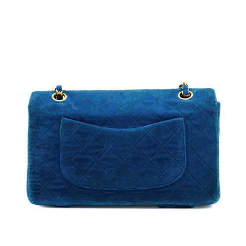 VINTAGE CHANEL SINGLE FLAP CHAIN SHOULDER MAGAZINE HOLDER BAG BLUE VELVET GOLD HARDWARE 90343010
