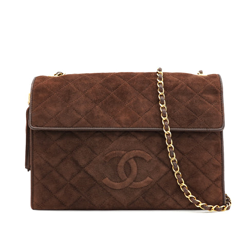 VINTAGE CHANEL MATELASSE CHAIN SHOULDER BAG BROWN SUEDE GOLD HARDWARE 90335596
