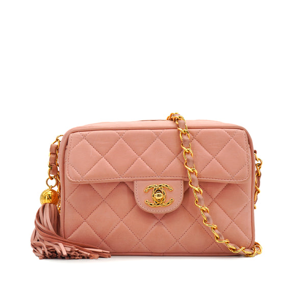VINTAGE CHANEL MATELASSE CHAIN SHOULDER BAG FRINGE PINK LAMB SKIN GOLD HARDWARE 90334504