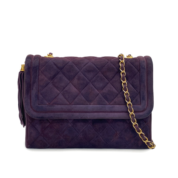 VINTAGE CHANEL MATELASSE CHAIN SHOULDER BAG FRINGE PURPLE SUEDE GOLD HARDWARE 90311295