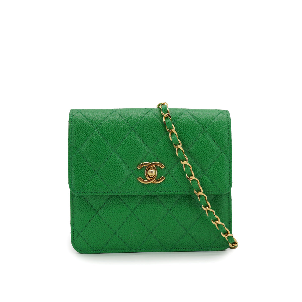 VINTAGE CHANEL MATELASSE CHAIN SHOULDER BAG GREEN CAVIAR SKIN GOLD 