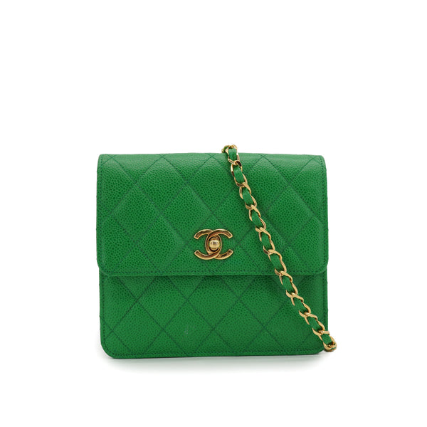 VINTAGE CHANEL MATELASSE CHAIN SHOULDER BAG GREEN CAVIAR SKIN GOLD HARDWARE 90330697