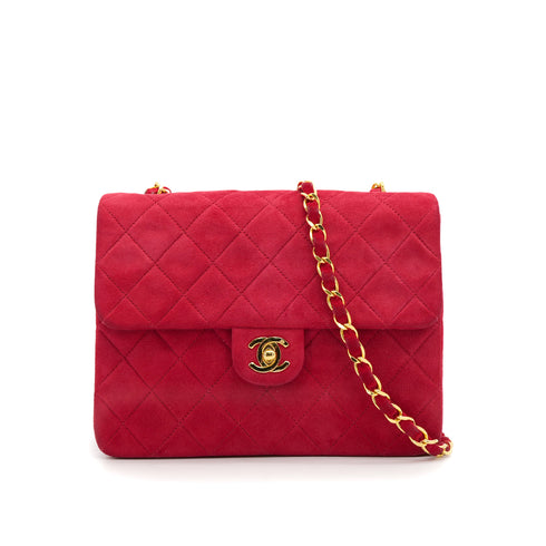 VINTAGE CHANEL MINI MATELASSE CHAIN SHOULDER BAG RED SUEDE GOLD HARDWARE 90319683