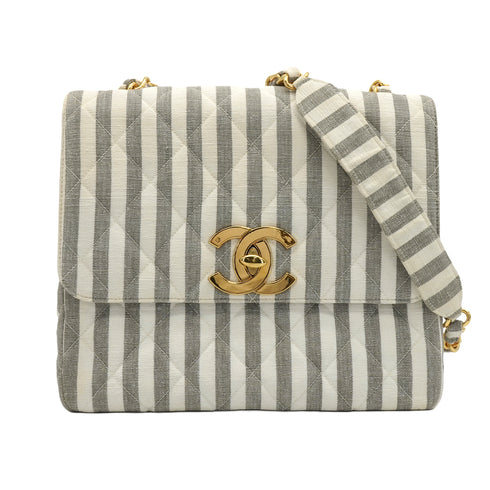 VINTAGE CHANEL MATELASSE CHAIN SHOULDER BAG STRIPE PATTERN GRAY WHITE CANVAS GOLD HARDWARE 90350869
