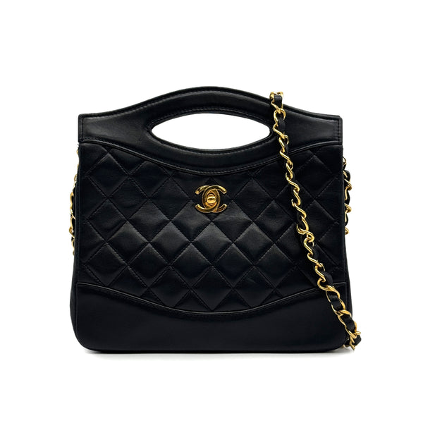 VINTAGE CHANEL MATELASSE CHAIN SHOULDER HAND BAG BLACK LAMB SKIN GOLD HARDWARE 90329231