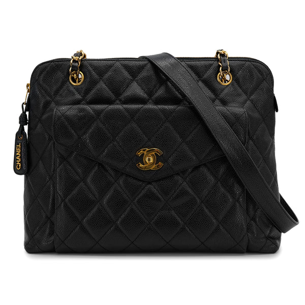 VINTAGE CHANEL MATELASSE CHAIN TOTE BAG BLACK CAVIAR SKIN GOLD HARDWARE 90314458