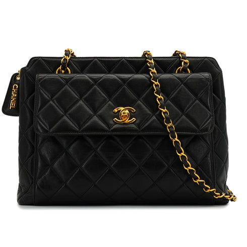 VINTAGE CHANEL MATELASSE CHAIN TOTE SHOULDER BAG BLACK LAMB SKIN GOLD HARDWARE 90339970