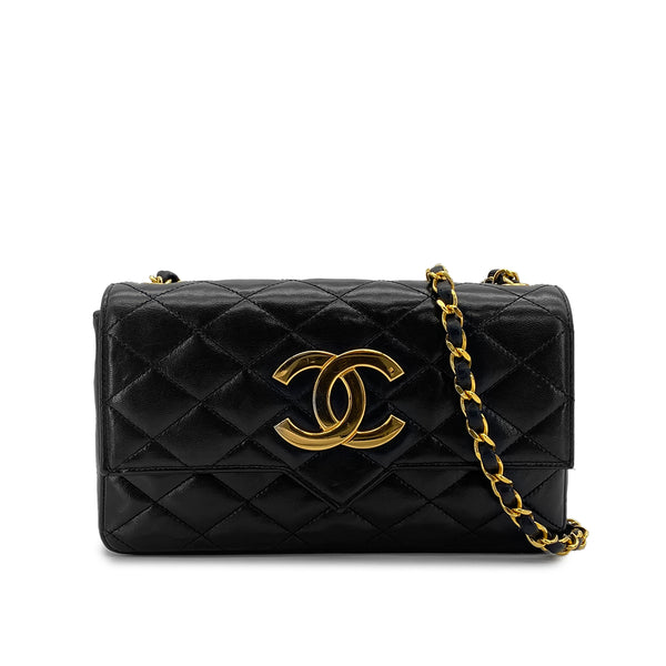 VINTAGE CHANEL MATELASSE BIG COCO CHAIN SHOULDER BAG BLACK LAMB SKIN GOLD HARDWARE 90309797