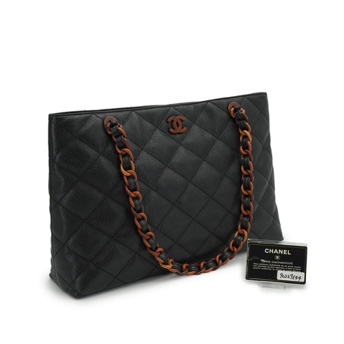 VINTAGE CHANEL MATELASSE COCOMARK CHAIN TOTE SHOULDER BAG BLACK BROWN CAVIAR SKIN PLASTIC HARDWARE 90339644