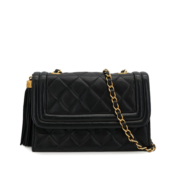 VINTAGE CHANEL MATELASSE FRINGE CHAIN SHOULDER BAG BLACK LAMB SKIN GOLD HARDWARE 90323196