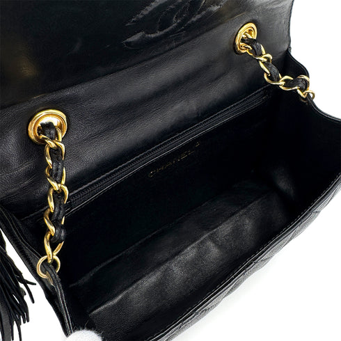 VINTAGE CHANEL MATELASSE FRINGE CHAIN SHOULDER BAG BLACK LAMB SKIN GOLD HARDWARE 90323196