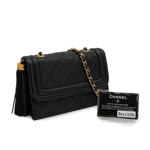VINTAGE CHANEL MATELASSE FRINGE CHAIN SHOULDER BAG BLACK LAMB SKIN GOLD HARDWARE 90323196