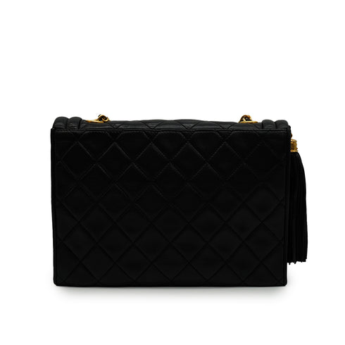 VINTAGE CHANEL MATELASSE FRINGE CHAIN SHOULDER BAG BLACK LAMB SKIN GOLD HARDWARE 90345511