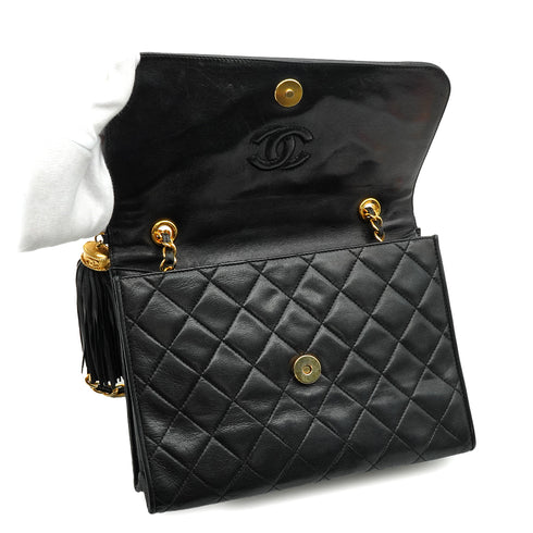 VINTAGE CHANEL MATELASSE FRINGE CHAIN SHOULDER BAG BLACK LAMB SKIN GOLD HARDWARE 90345511